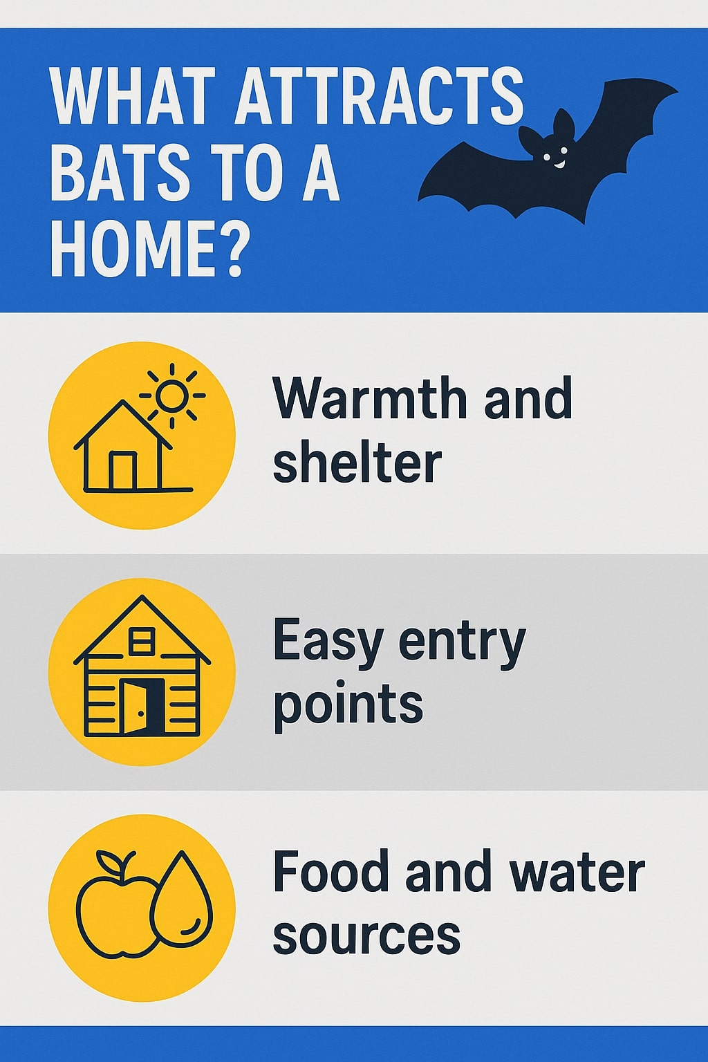 original infographic has a blue and white background with bold text at the top reading “WHAT ATTRACTS BATS TO A HOME?” alongside a smiling black cartoon bat. Below, three sections highlight reasons bats enter homes: the first shows a yellow circle with an icon of a house under the sun and the words “Warmth and shelter,” the second has a yellow circle with an icon of a house and open door with the text “Easy entry points,” and the third displays a yellow circle with an apple and water droplet icon labeled “Food and water sources.” The design uses blue, yellow, white, and gray for contrast and clarity.
