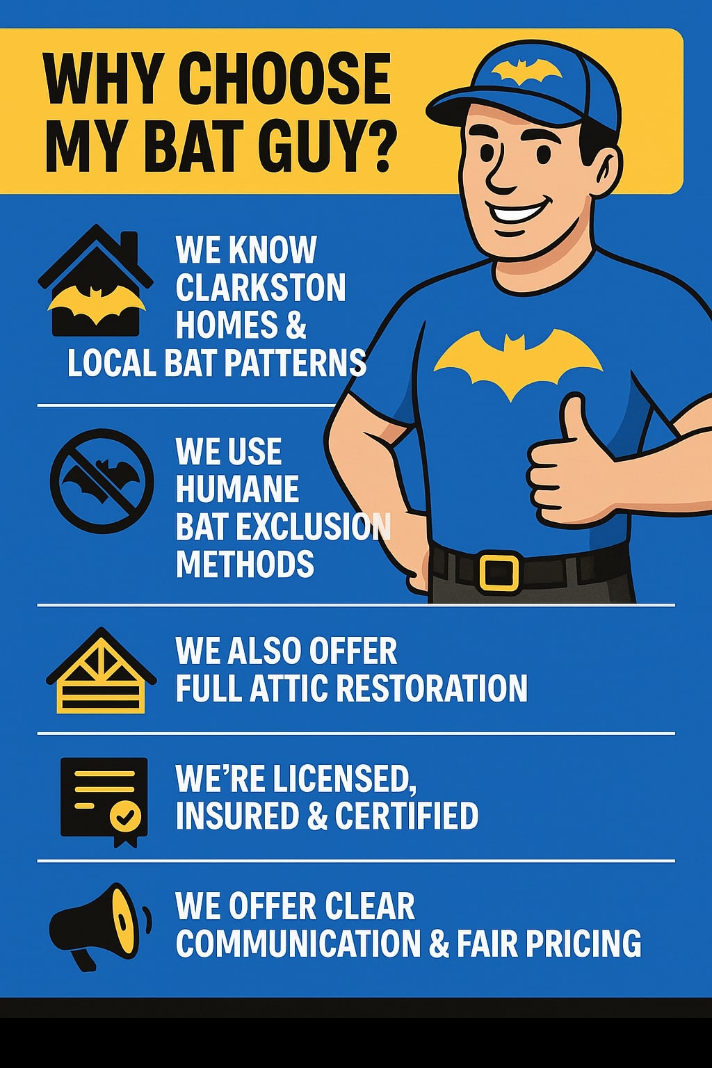 original infographic features a cartoon-style man in a blue uniform and hat with a yellow bat logo, giving a thumbs up beside the bold title “WHY CHOOSE MY BAT GUY?” in black text on a yellow background. The design uses blue, yellow, white, and black colors throughout, with icons next to each listed benefit: a house with a bat silhouette, a bat crossed out, an attic symbol, a certificate, and a megaphone. The listed points in white uppercase text are “WE KNOW CLARKSTON HOMES & LOCAL BAT PATTERNS,” “WE USE HUMANE BAT EXCLUSION METHODS,” “WE ALSO OFFER FULL ATTIC RESTORATION,” “WE’RE LICENSED, INSURED & CERTIFIED,” and “WE OFFER CLEAR COMMUNICATION & FAIR PRICING.” The overall style is clean, friendly, and professional.<br />
