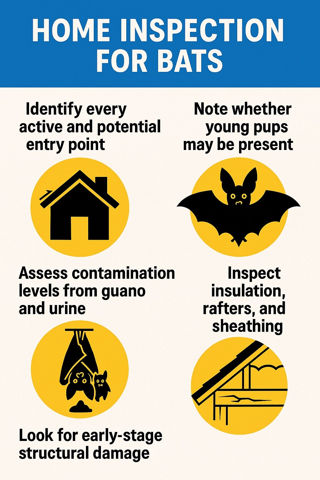 original infographic showing a blue header with white bold text reading “HOME INSPECTION FOR BATS,” followed by a cream-colored background containing five sections paired with simple black icons inside yellow circles: a house icon next to the text “Identify every active and potential entry point,” a bat with spread wings beside “Note whether young pups may be present,” two hanging bats above a small guano pile illustrating “Assess contamination levels from guano and urine,” a roof cutaway diagram beside “Inspect insulation, rafters, and sheathing,” and a cracked structural beam icon under the text “Look for early-stage structural damage,” all arranged in a clean grid layout with bold black typography.