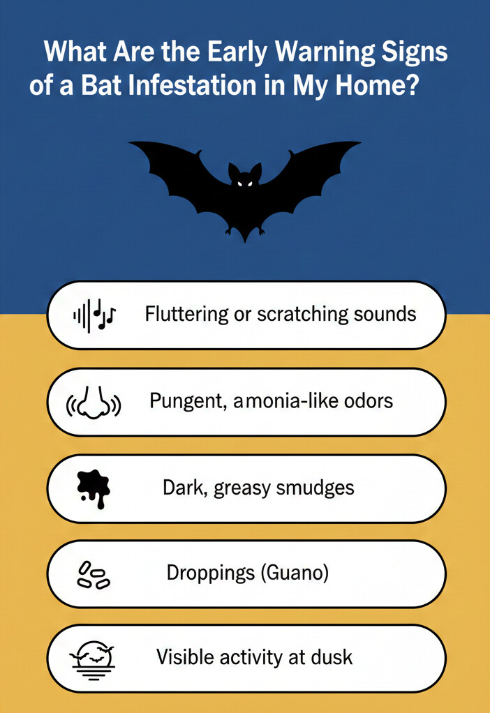 original infographic titled "What Are the Early Warning Signs of a Bat Infestation in My Home?" features a split-background design with a deep blue upper half and a warm yellow lower half. At the top, a stylized black bat silhouette with glowing eyes is centered under the white header text. Below the bat, five white, pill-shaped buttons with black borders are vertically stacked, each containing a descriptive icon and text. The listed signs include: "Fluttering or scratching sounds" with a musical note and sound wave icon; "Pungent, ammonia-like odors" with a nose icon; "Dark, greasy smudges" with a splatter icon; "Droppings (Guano)" with a small pebble icon; and "Visible activity at dusk" with an icon of a bat flying over a horizon. The overall aesthetic is clean and informative, utilizing a high-contrast palette of blue, yellow, and black.